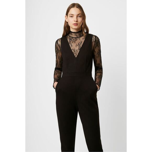 French Connection Lula Lace Black Jumpsuit 2 Sheer Mock Neck formal whimsigoth - Picture 4 of 11